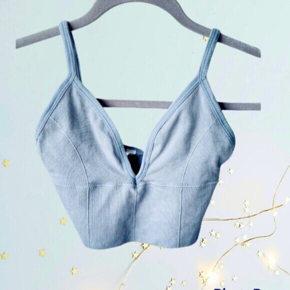 Popular Tik Tok Deep V Ribbed Semi Crop Bralette top - Picture 5 of 6